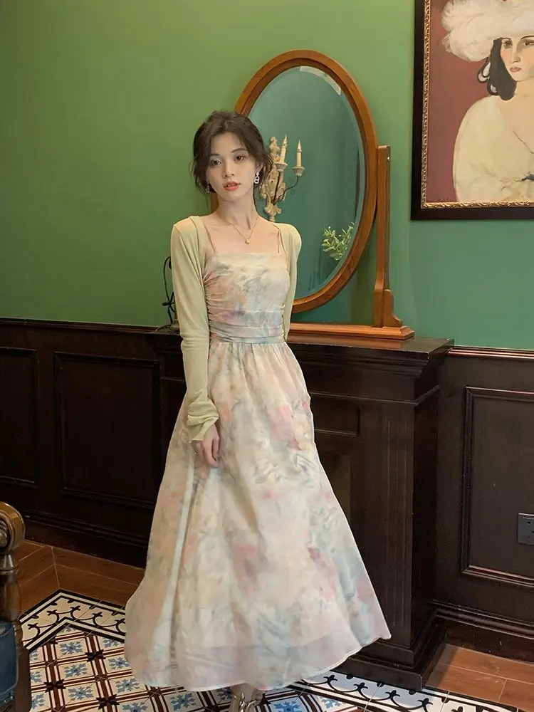 

Gentle Halo Dye Printing Temperament Sling Dress elegant 2023 Summer Women's Long Dress Sexy Sunscreen Coat Set