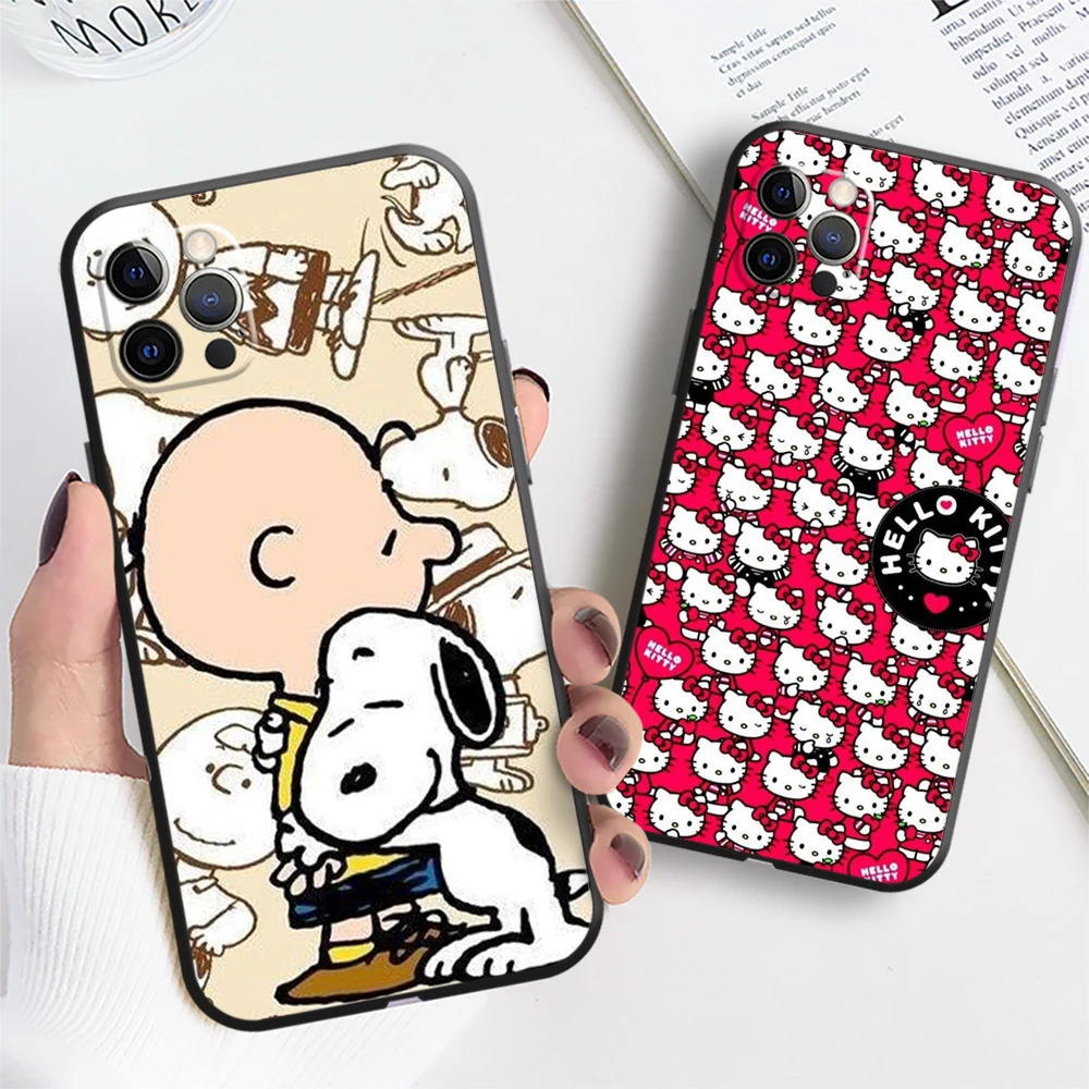 

Snopy Hello Kitty Cute Phone Case For IPhone 11 13 12 Pro MAX 8 Plus 7 6 6S XS XR XS Max 12 Pro black shell Silicone Case Gift