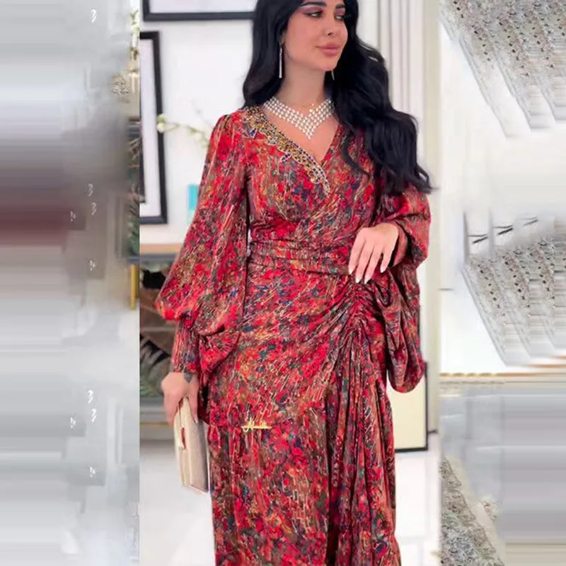 

Dresses for Women Plus Size 2023 Summer Cross Border New Foreign Trade Women's Long Dress Printed Waistband Dress V-Neck Dress