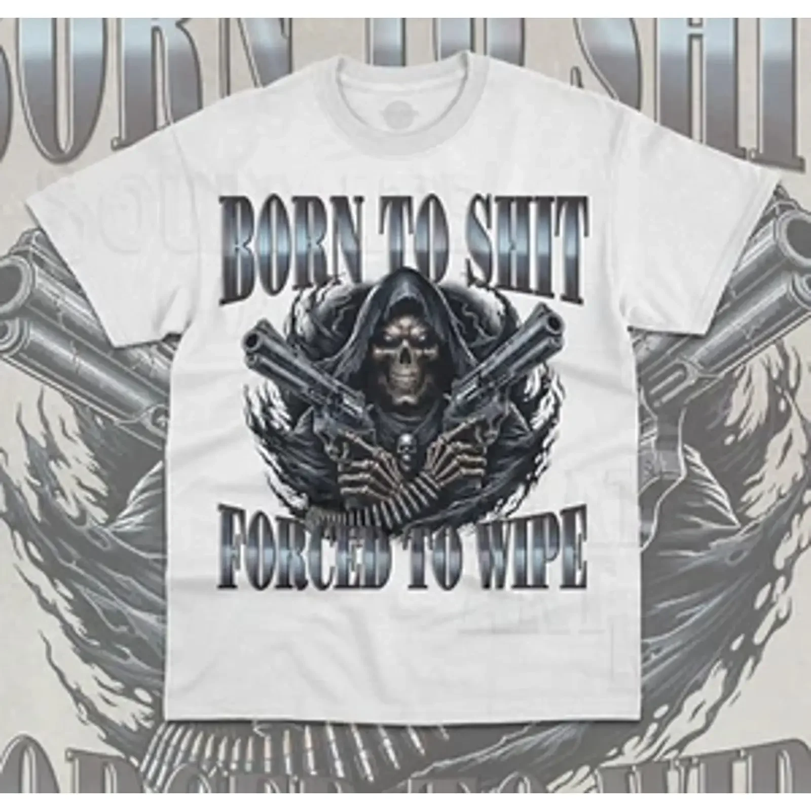 Фото Футболка Born To Sh t Forced Wipe с забавным мемом и злым скелетом, винтажная, с эффектом потертости, унисекс, для повседневной носки, кэжуал №1