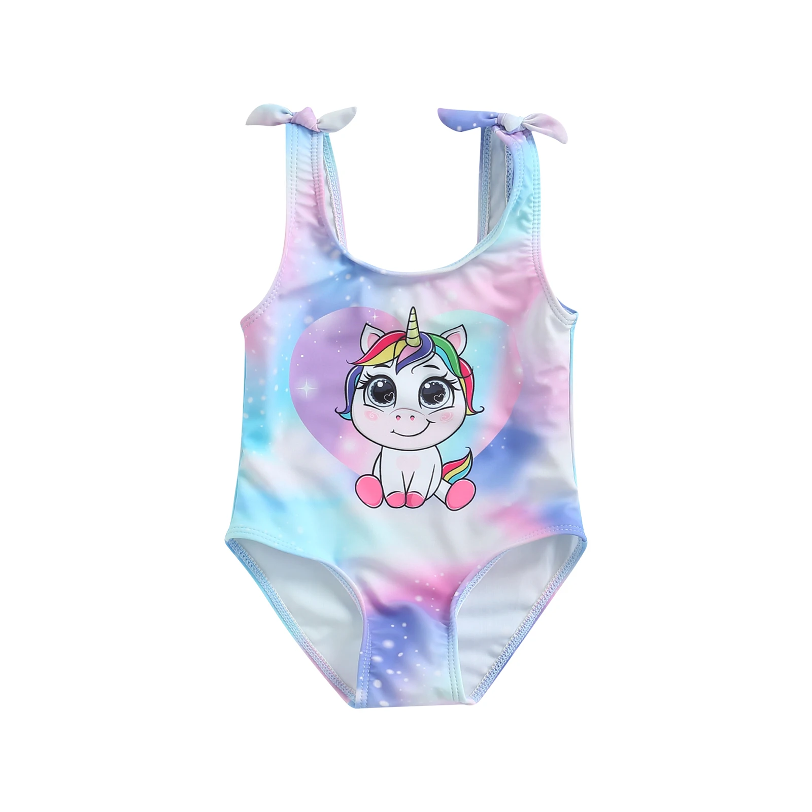 

Summer Kids Baby Girls Sleeveless Swimsuits Colorful Unicorn Print Bikini Set Knotted Wide Shoulder Straps Swimwear Bodysuit