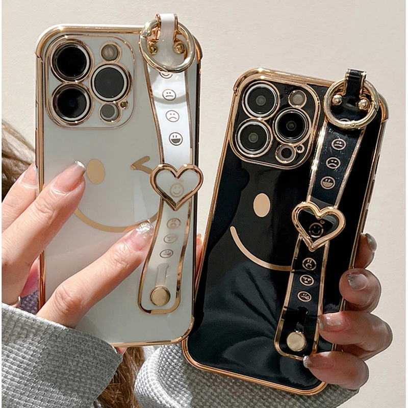 

Plating Smiling Face Wrist Band Phone Case For iPhone 14 11 12 13 Pro Max Mini 7 8 Plus XS XR X SE Solid Shockproof Fundas Cover