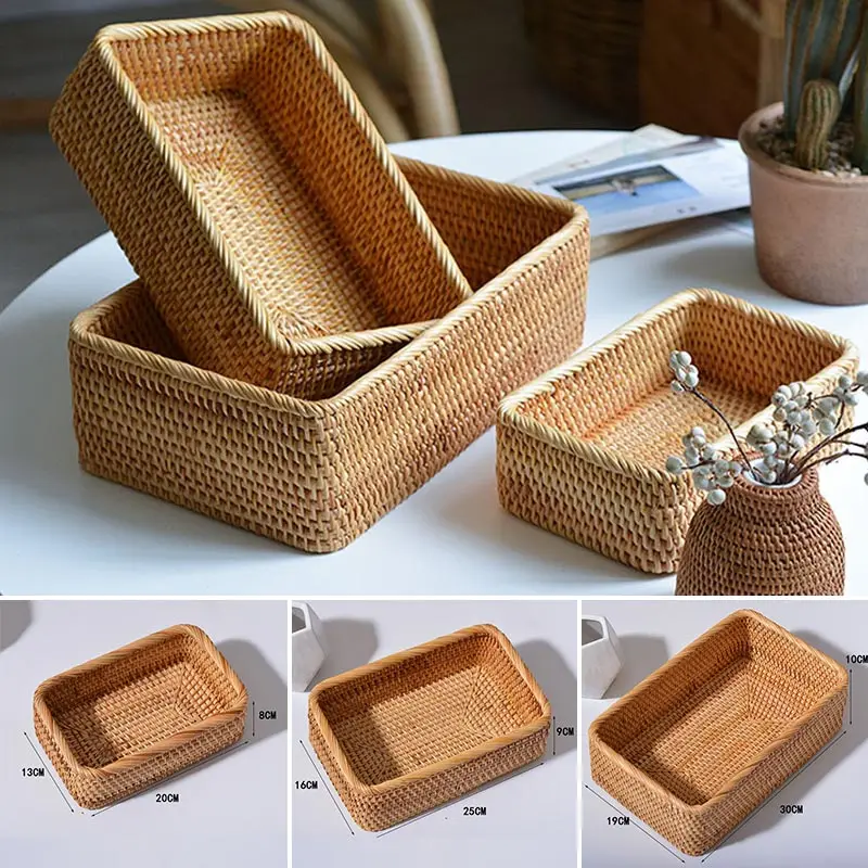 

Rectangular Rattan Basket Hand-Woven Rattan Basket Fruit Tea Snack Bread Cosmetic Storage Box Household Kitchen Supplies
