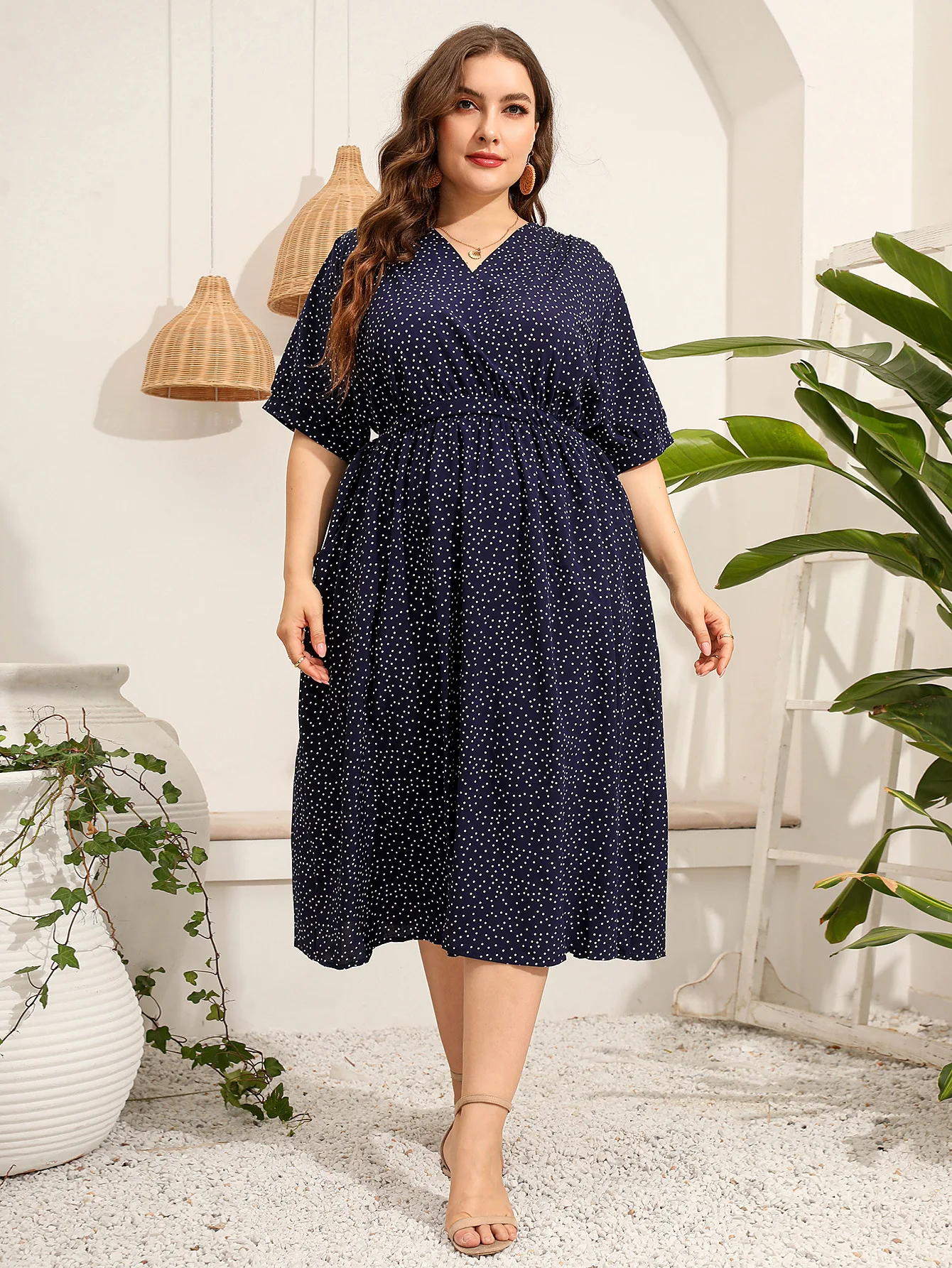 

4XL 5XL Plus Size Summer Dresses Woman 2022 V Neck Short Sleeve Dot Print Casual Dress Pockets Maxi Long Dresses
