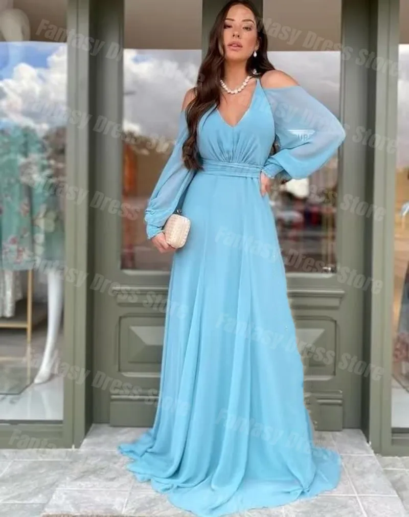 

Elegant Sky Blue Chiffon Loose Sleeve Off Shoulder Prom Dresses A-line V-neck Waist Wrapped Formal Evening Dresses For Women