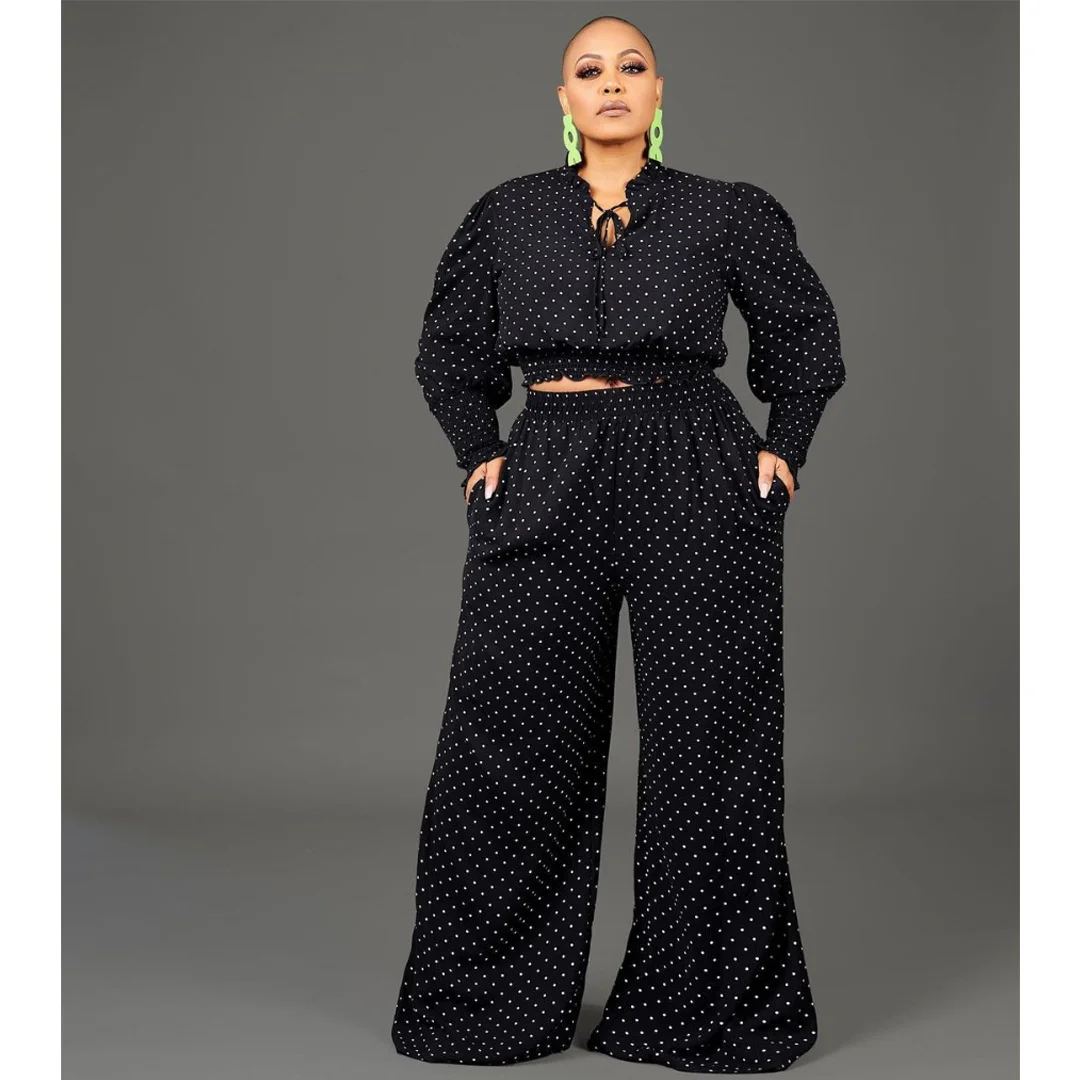 Plus Size Xl-5xl Fall Clothes for Women Two Piece Set Black Casual Dot Long Sleeve Top and Wide Leg Pants 2 p 3xl 4xl 5xl 6xl