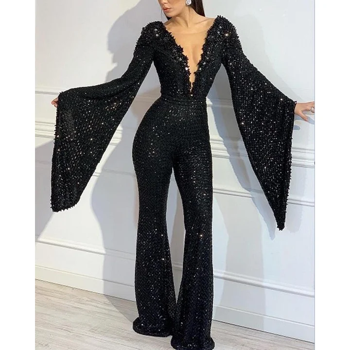 

Women Long Sleeves Sequins Mesh V Neck Cocktail Host Club Night Long Jumpsuit Party Playsuits