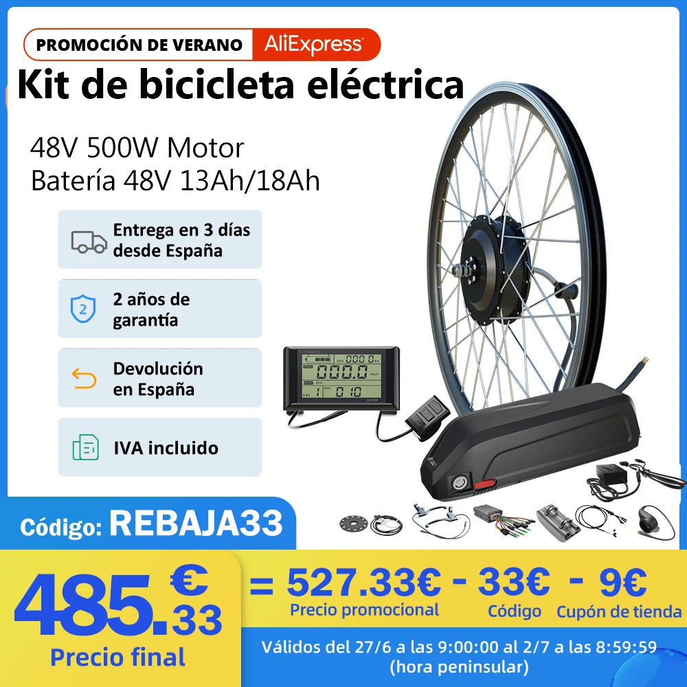 EU Stock 48V 500W Ebike Conversion Kit 13AH 16AH Lithium Battery 26 inch 700C Front Rear Hub Motor Wheel Electric Bicycle Kit