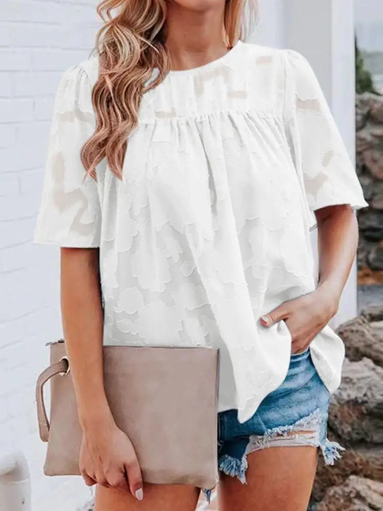 

Модные кружевные вязаные топы, женские летние блузки ZANZEA 2022, повседневные блузы с коротким рукавом, Женская туника в стиле пэчворк с цветочн...