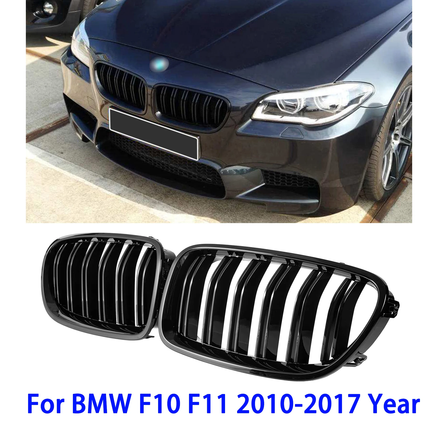 

F10 Глянцевая черная передняя решетка с двойной планкой для BMW 5 серии F10 F11 F18 2010-2017 Двухлинейные гоночные грили