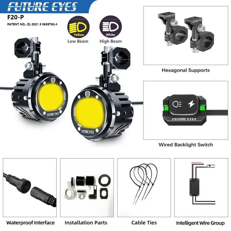 

Future Eyes F20P Мотоциклетный светодиодный прожектор ближнего света Желтый Белый Тротуарный вырез Линейный свет Режим вспышки Вращение на 360° Велосипед