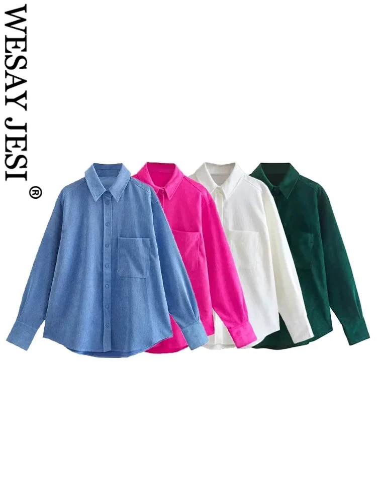 

WESAY JESI Women's Solid Color Simple Blouse Casual Lapel Long Sleeve Loose Shirts Multicolor Fashion Corduroy Shirts Chic Tops