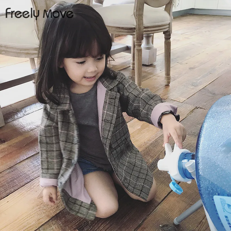 

Freely Move Spring Autumn Wool & Blends Jacket For Girl New Korean Version Plaid Coat Mid-Length Casual Children's Clothing