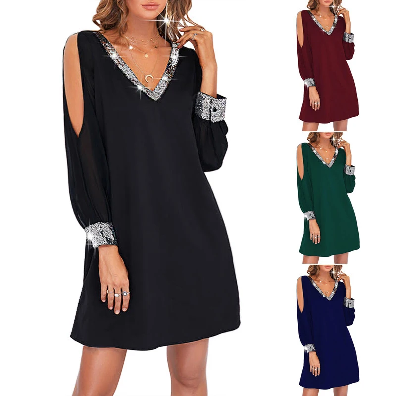

Spring Summer Sexy V Neck Long Sleeve Hollow Out Women's Mini Dress 2022 Fashion Sequins Patchwork Elegant Woman Dress Clothing