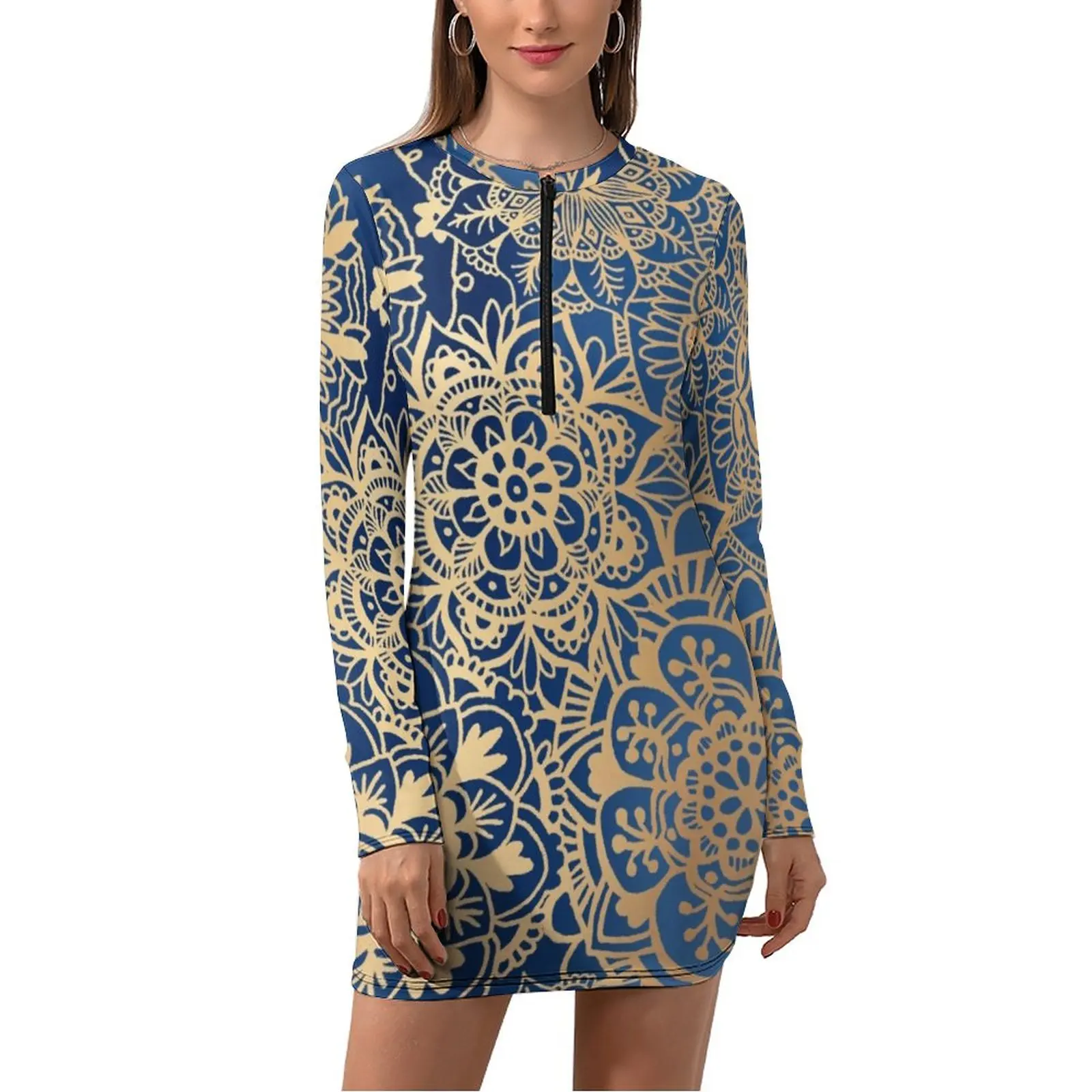 

Retro Gold Mandala Bodycon Dress Lady Trendy Bohemian Print Kawaii Dresses Autumn Long Sleeve Aesthetic Print Dress Big Size 2XL