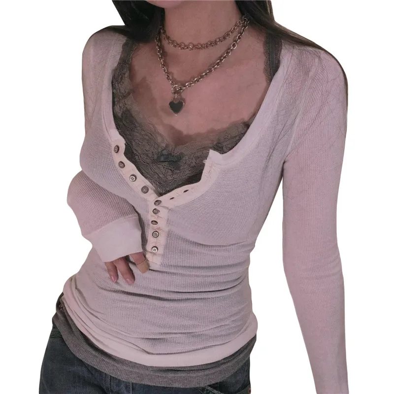

Y2K Lace Trim Bow Knitted Preppy Retro Tops Full Sleeve Button Up Ribbed T Shirts Vintage Aesthetics Pullovers Grunge Summer