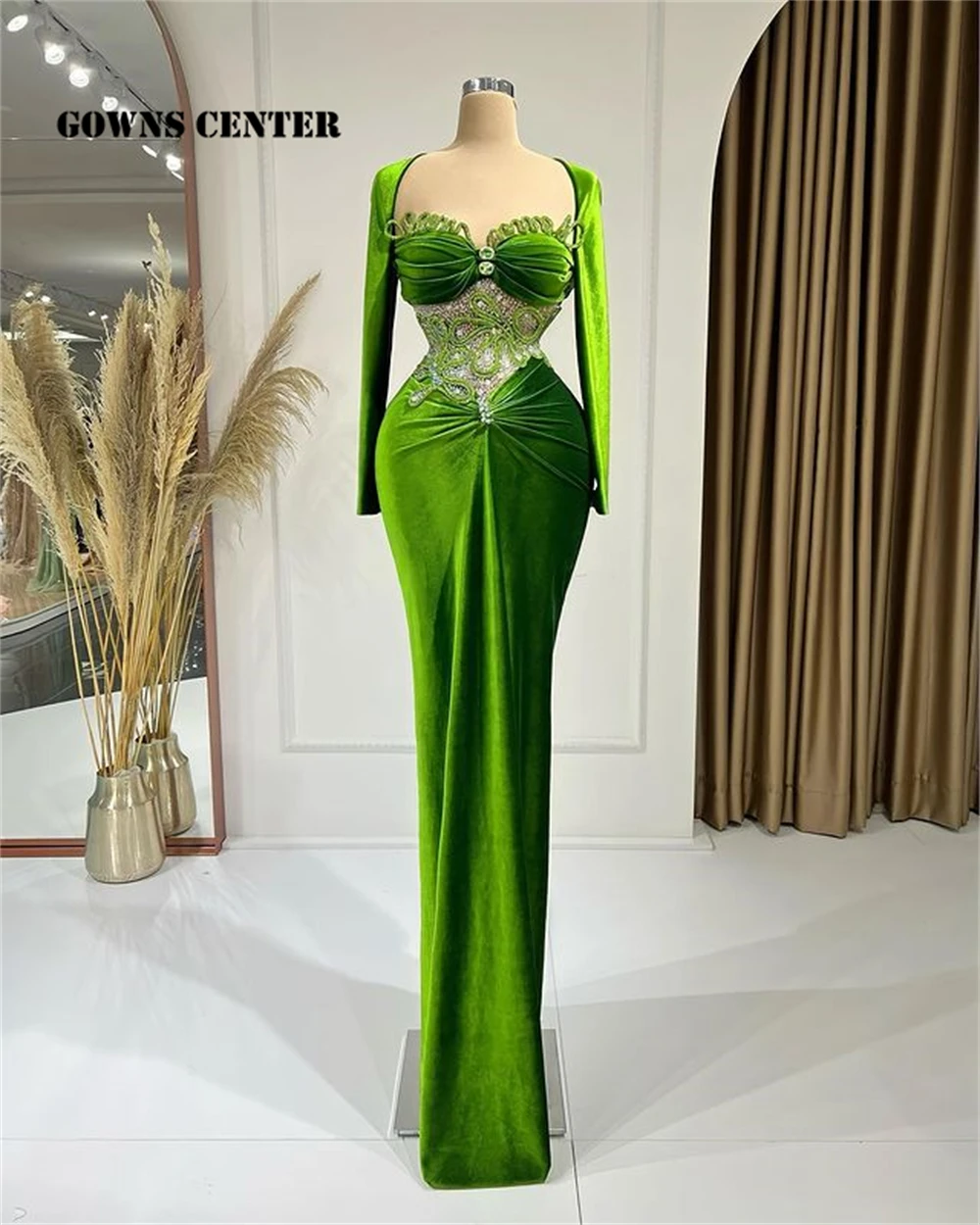 Купи Green Velvet Long Sleeve Evening Dresses Long Luxury 2023 Elegant Dress Women For Wedding Party Mermaid Dinner Gowns vestidos за 10,200 рублей в магазине AliExpress