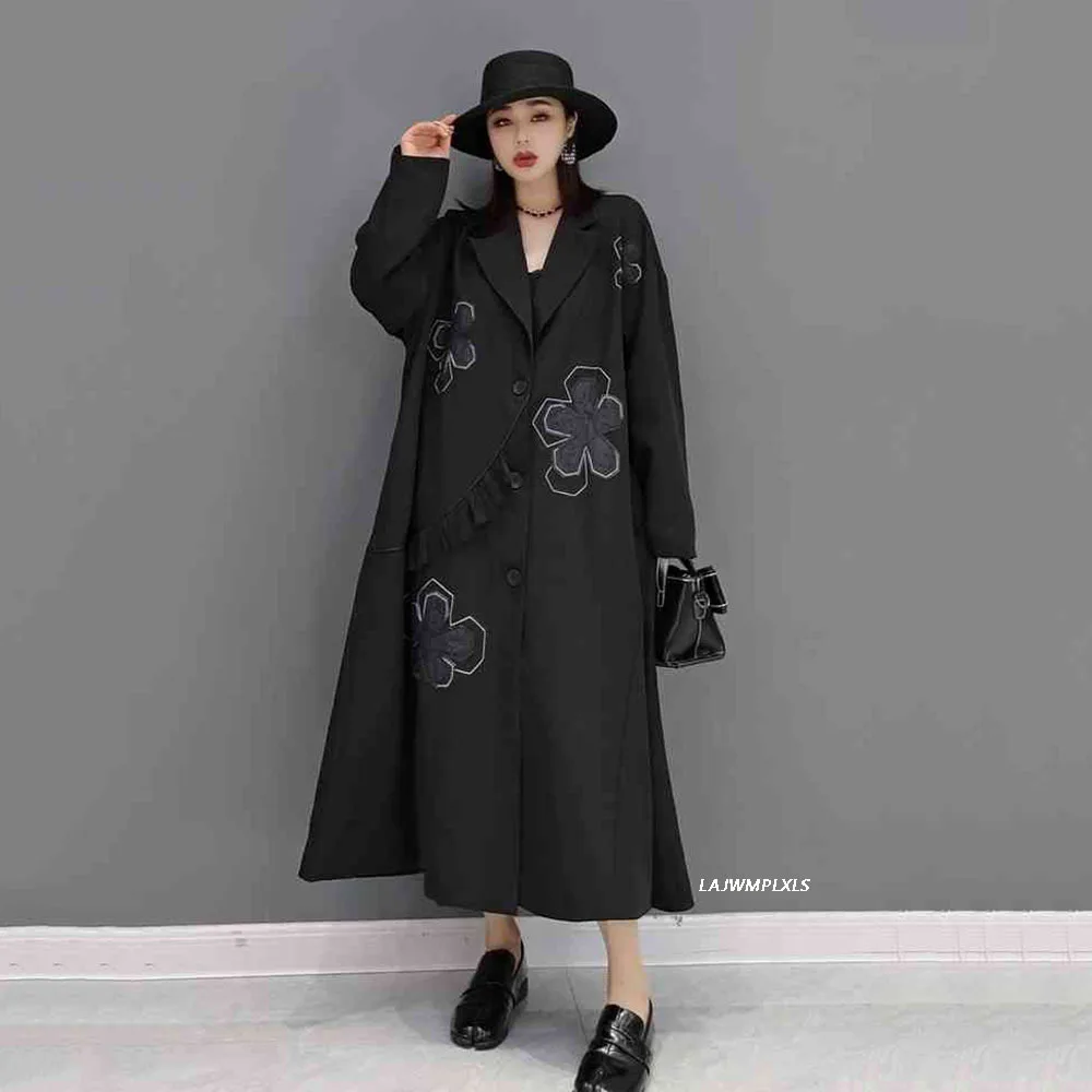 

Patchwork flowers Embroidery Button Trench Coat Women 2022 Autumn Casual Fashion New Style Temperament All Match Women Clothes