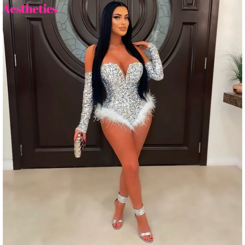 

Summer Fur Stitching Women Bodysuits Sequined Sparkling Sexy Deep V Neck Shorts Rompers 2023 Night Club Party Skinny One Pieces
