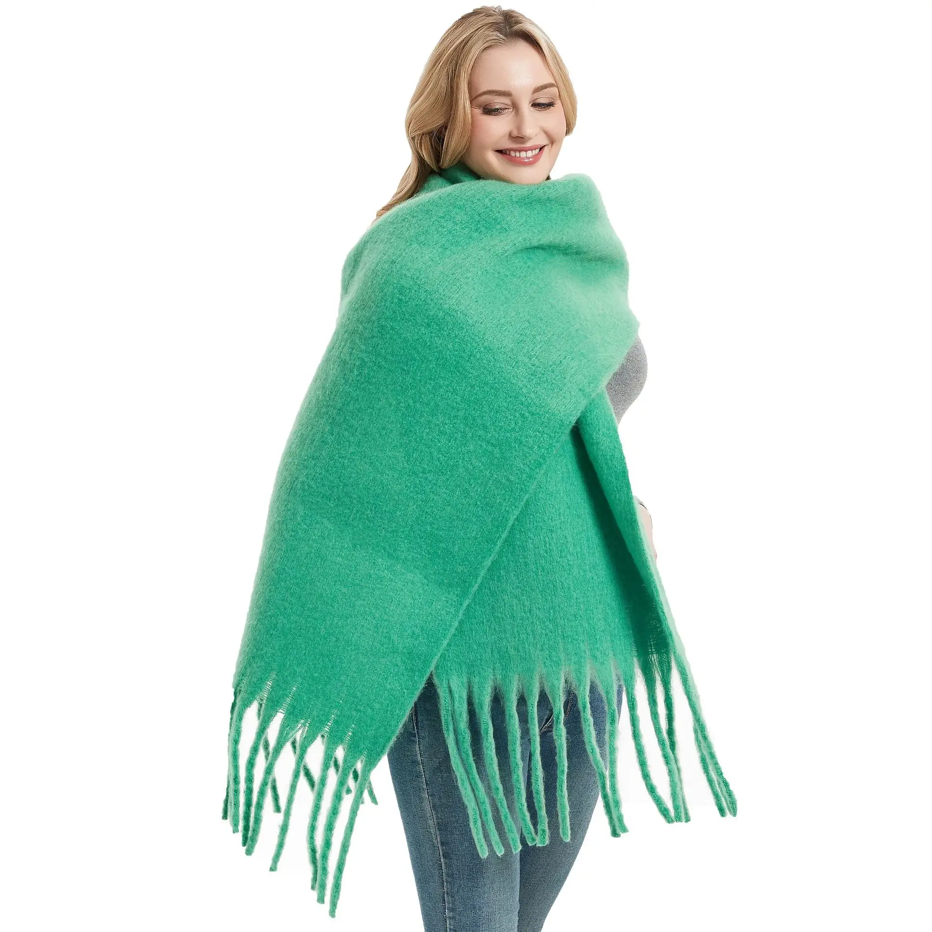 

2023 Luxury Cashmere Bright Green Women Solid Scarf Winter Shawl and Wrap Bandana Pashmina Tassel Female Foulard Thick Blanket