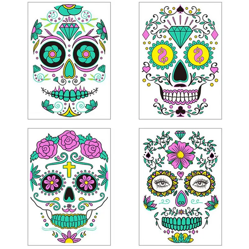 

4 Pieces Halloween Face Stickers Luminous Temporary Face Sticker Waterproof Sugar Skull Stickers Waterproof 3D Facial Party