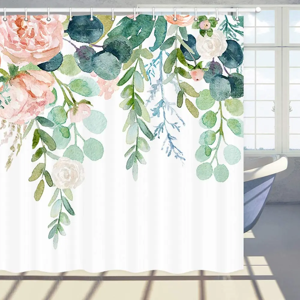 

Watercolor Floral Shower Curtain Color White Pink Vivid Flowers Green Leaves Bathroom Polyester Fabric Bath Curtains with Hooks