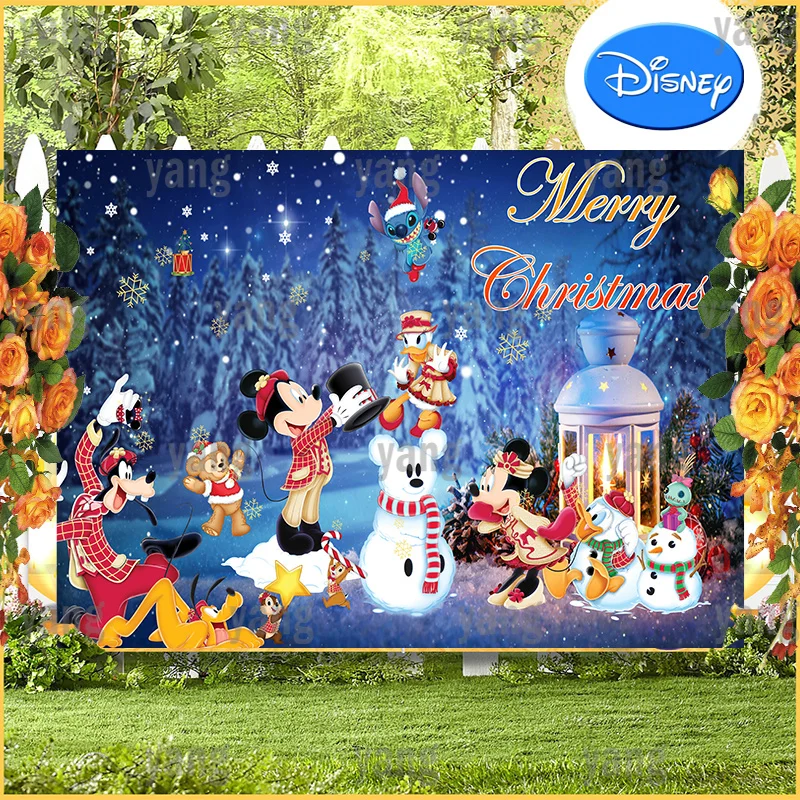 Enlarge Lovely Disney Custom Cartoon Mickey Minnie Goofy Pluto Snowflake Forest Backdrop Christmas Photography Backgrounds Decoration