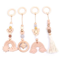 4 pcs baby gym frame rainbow pendants wooden ring crochet beads teether hanging mobile bed bell stroller rattle infants