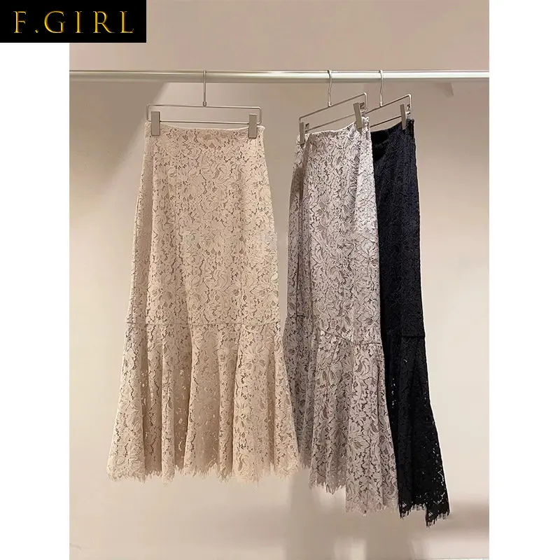 

F GIRLS Japanese Hollow Out Lace High Waist Mujer Faldas 2023 Spring Fishtail Long Fairy Women Skirt Soft Elegant Slim Fit Jupe