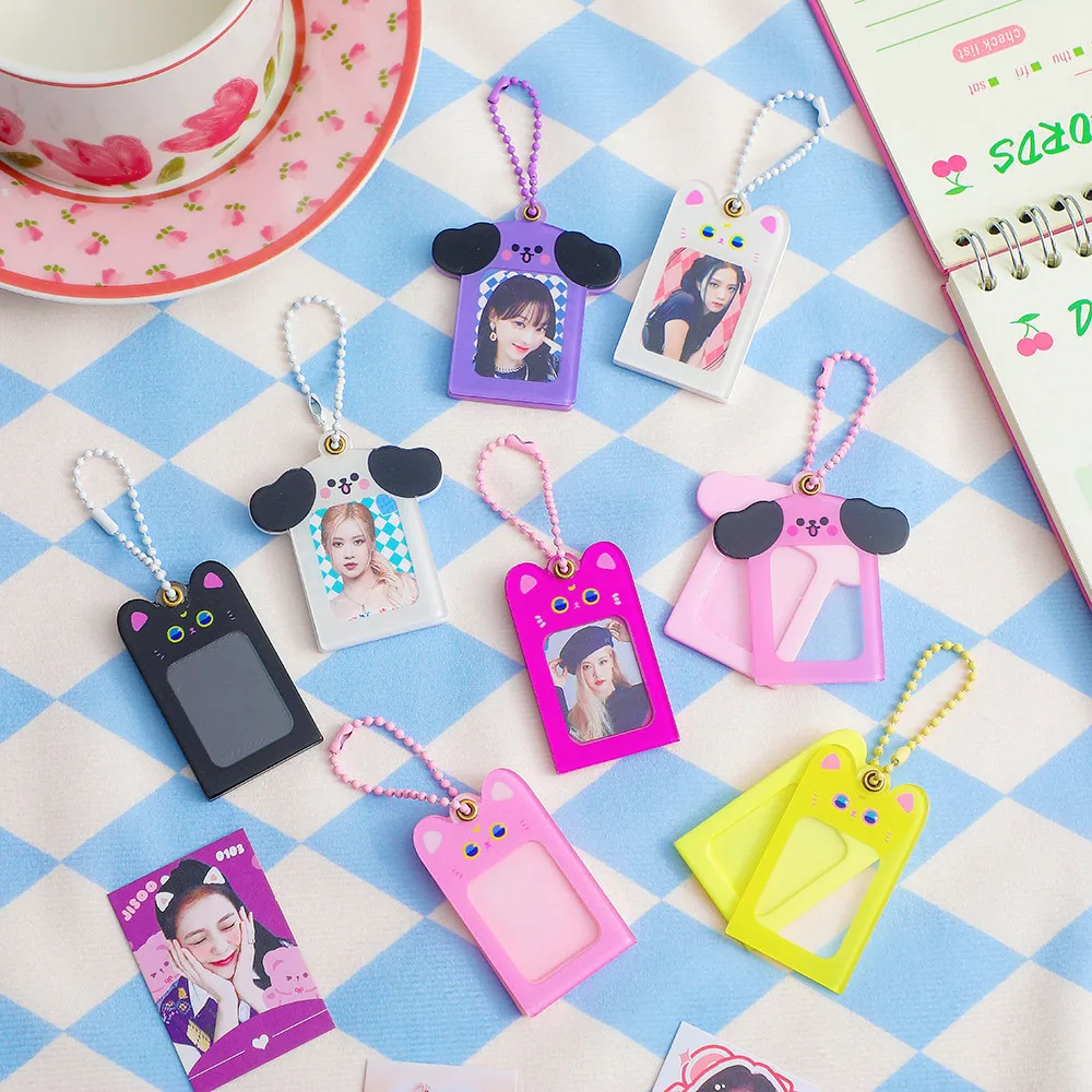 

1 Inch Cute Dog Cat Korea Idol Photocard Holder Case Mini Photo Frame Acrylic Gucca Star Chasing With Keychain School Stationery