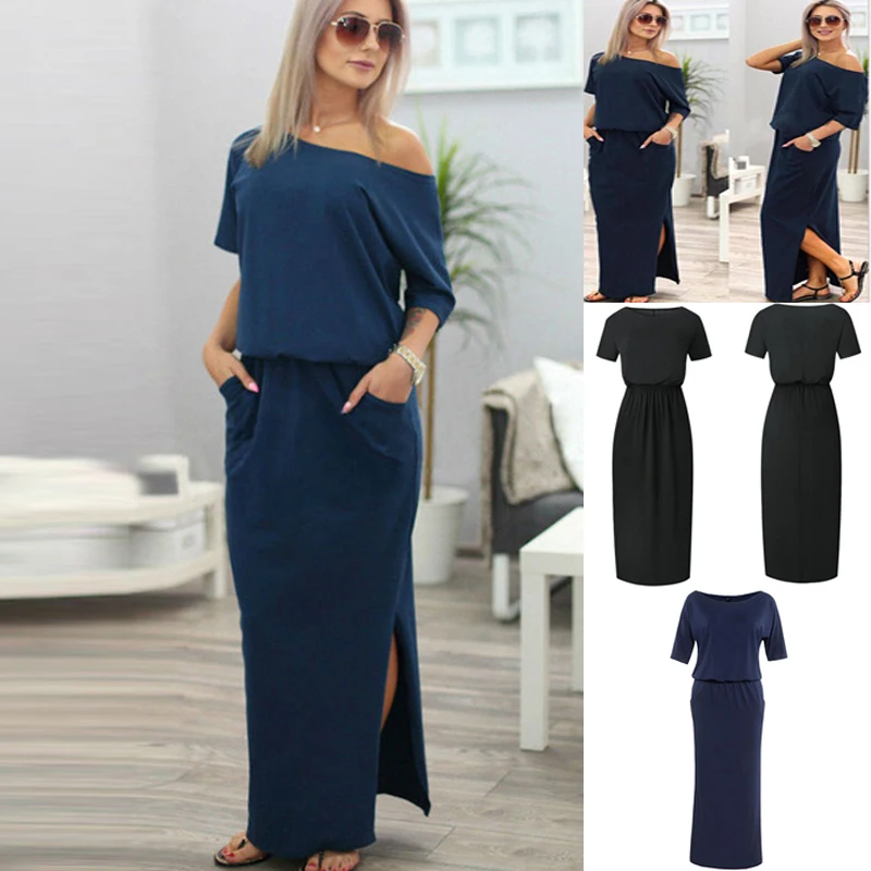 

Sexy Summer Women Boho Maxi Dress Short Sleeve Side Split Dress Loose Off Shoulder Evening Party Dress Long Beach Robe Vestidos