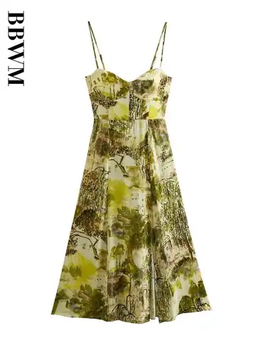 2023 Summer Women Print Midi Strap Dress Sweetheart Neck Vintage Sleeveless Chic Female Sexy Hem Side Split Beach Dresses New