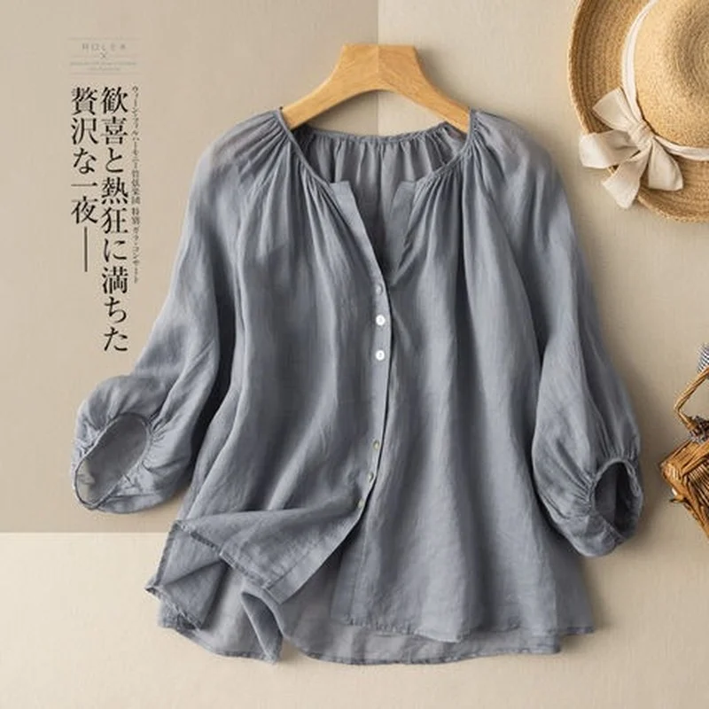 

Lantern Three-quarter Sleeve Half-open V-neck Linen Top Women Blouse Literary Retro Cotton Linen Shirt Spring Summer Blouses