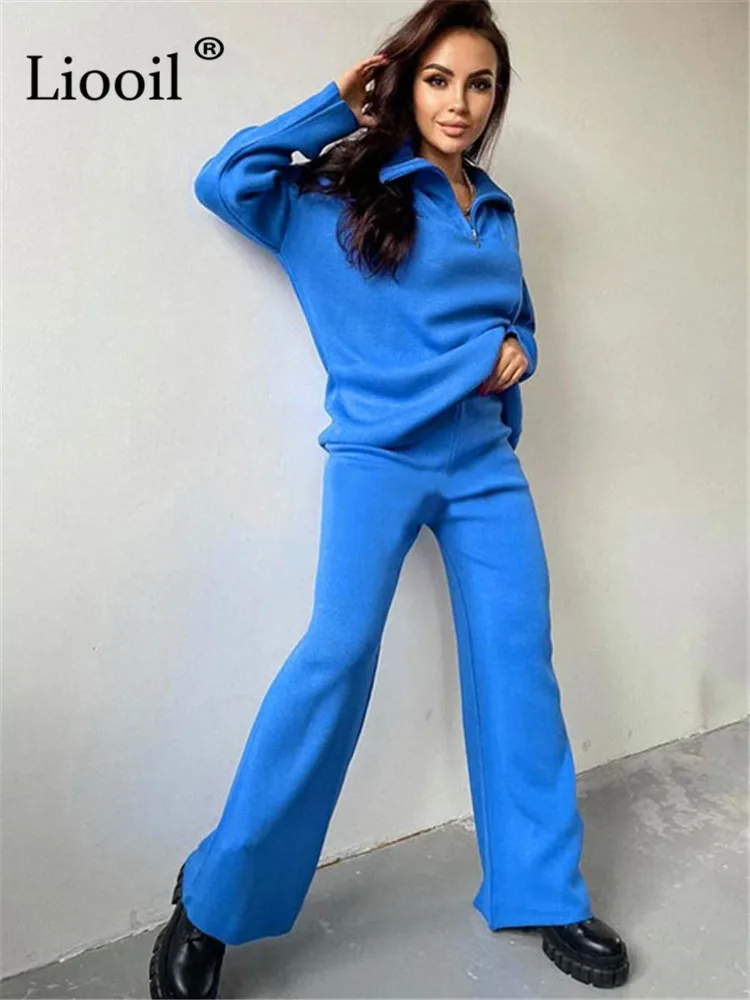 

Liooil Knitted Two Piece Set Loose Sweater Tops And Pants Straight Leg Long Sleeve Zip Up Autumn Winter High Waist Sweaters Sets