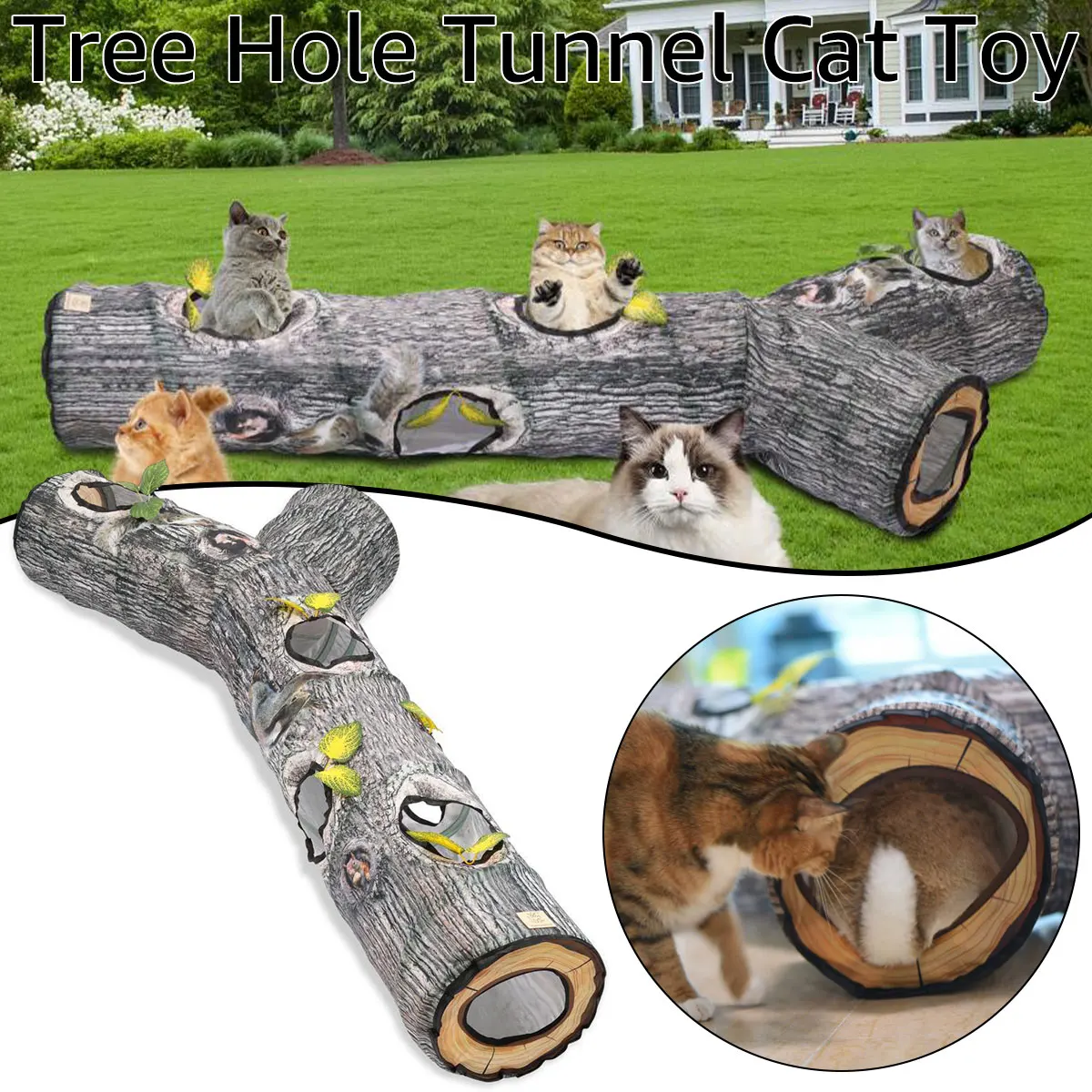 

Cat Tunnel 59" Large Collapsible Tunnel Toys 3 Way Folding Cat Tunnel with Toy Balls and Peek Holes Tree Pattern Hideaway Tunnel