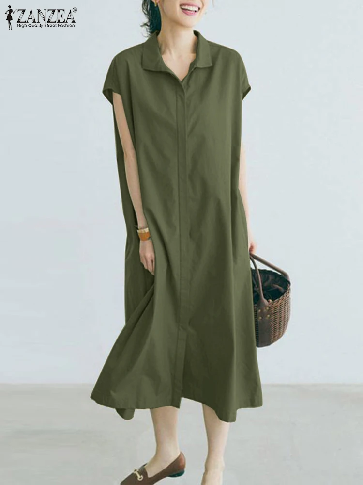 

Летний сарафан ZANZEA, Стильное женское свободное платье-рубашка с отложным воротником и коротким рукавом, повседневное свободное рабочее платье-миди, кафтан оверсайз