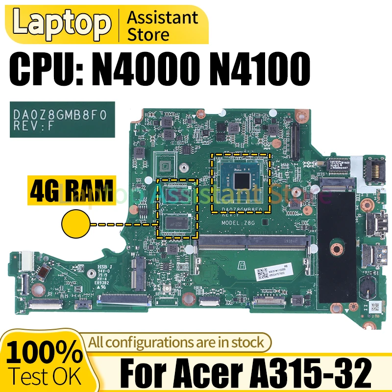 

Для ACER A315-32 Материнская плата ноутбука DA0Z8GMB8F0 NBGVZ1100 NBGVW1100 N4000 N4100 4G RAM Материнская плата ноутбука