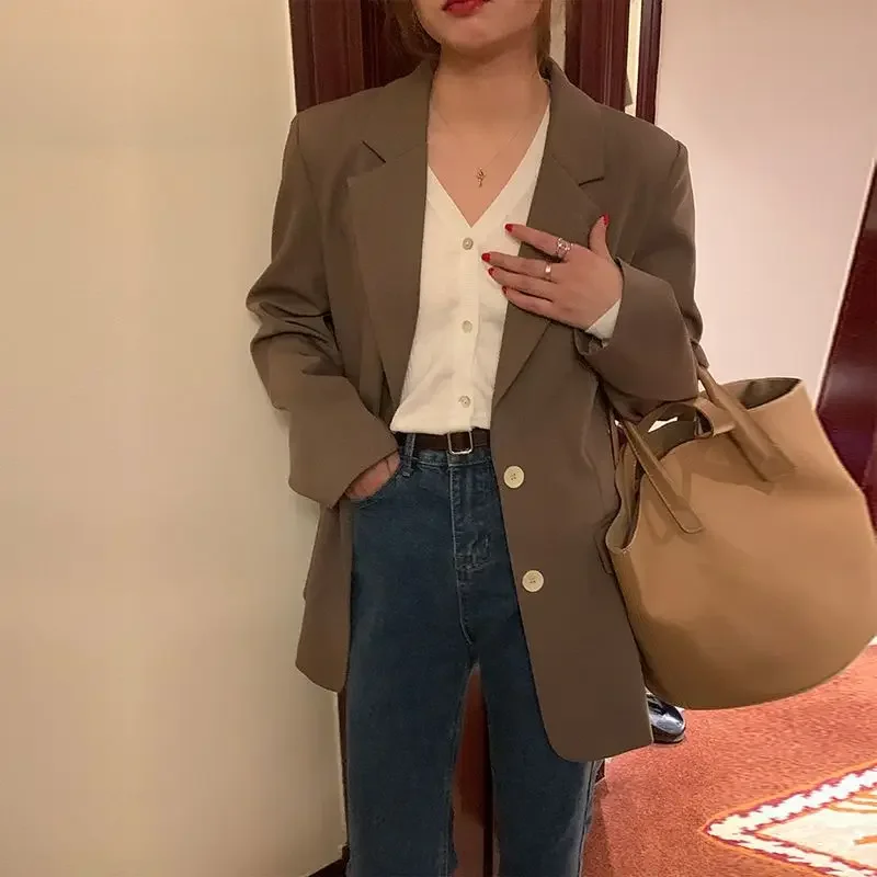 Кофейный Женский костюм куртка весна-осень 2023 нишевая Повседневная
