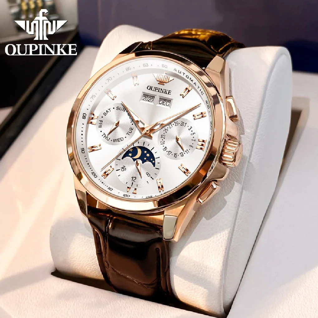 

OUPINKE Luxury Automatic Watch for Men Mechanical Leather Sapphire Mirror Waterproof Watches Top Brand Wristwatch Reloj Hombre