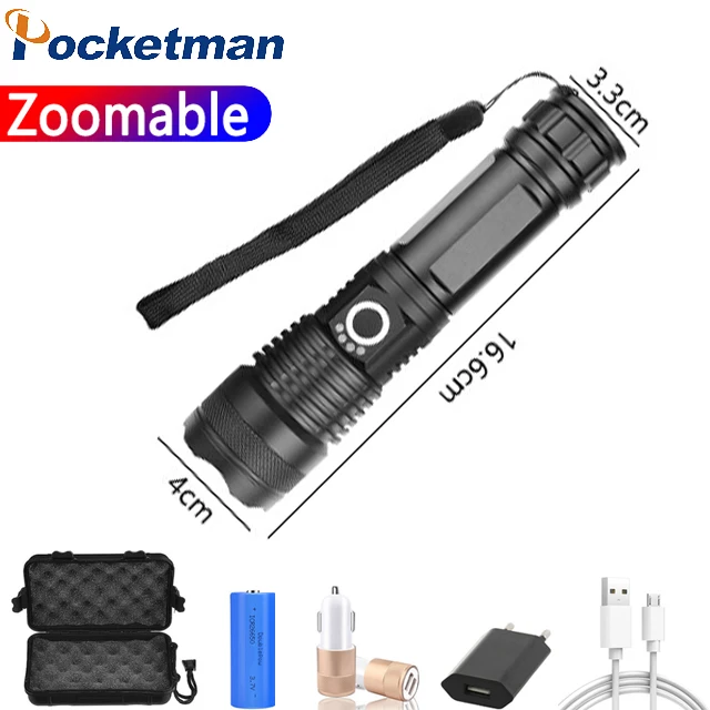 

Most Powerful LED Flashlight USB Rechargeable Torch XHP50 Waterproof 5 Modes Zoomable 26650 18650 Battery Camping Hunting