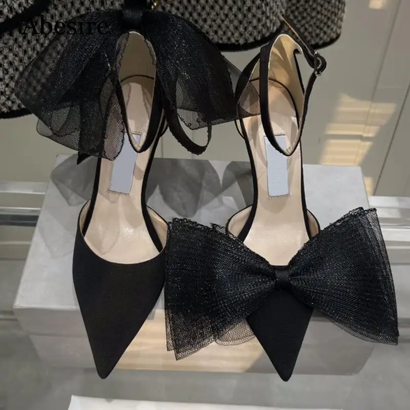 Big Bowknot Asymmetrical Design High Heels Women Luxury Satin Pointed Toe Pumps Spring Summer Wedding Party Ankle Strap Shoes