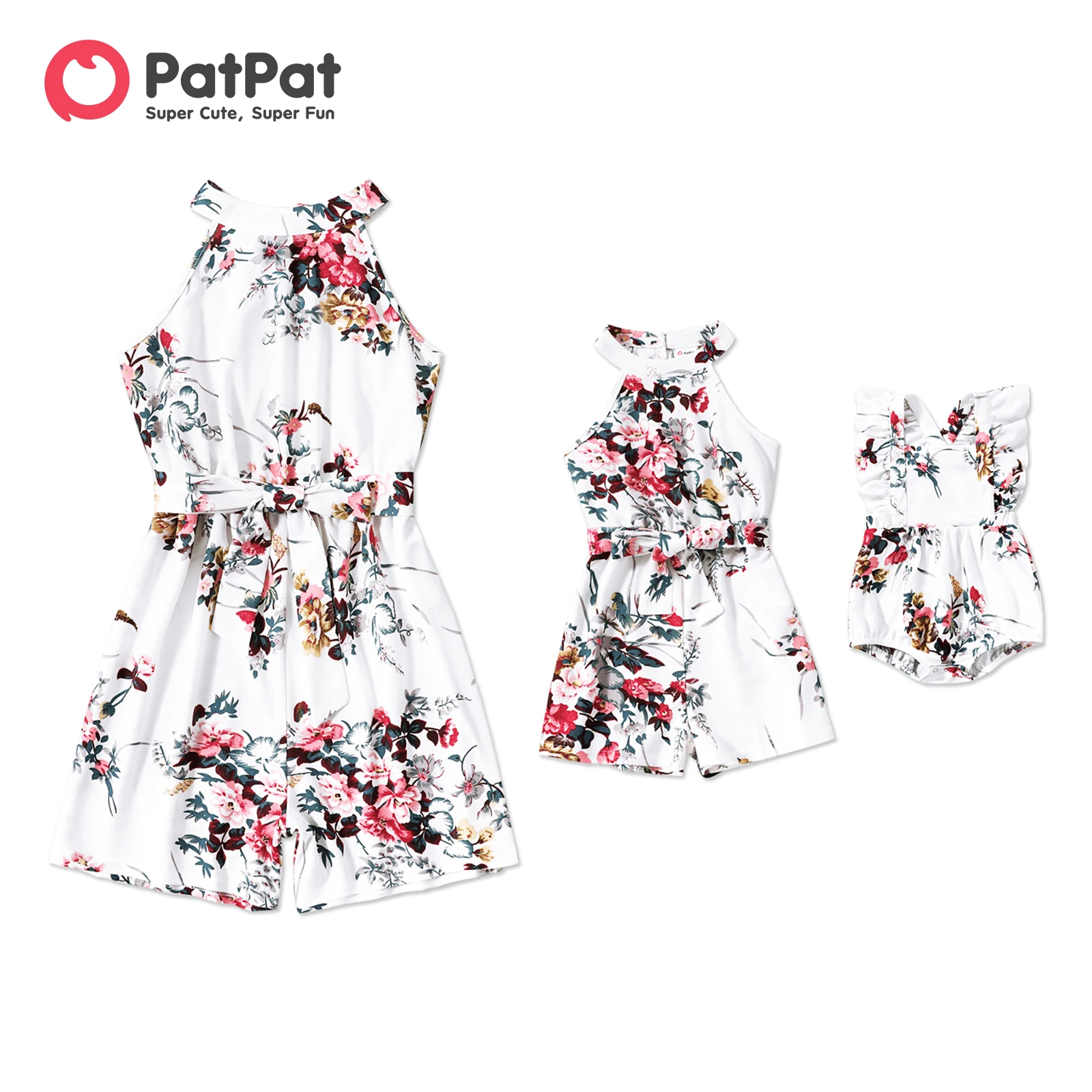 

PatPat All Over Floral Print White Halter Neck Off Shoulder Belted Romper Shorts for Mom and Me