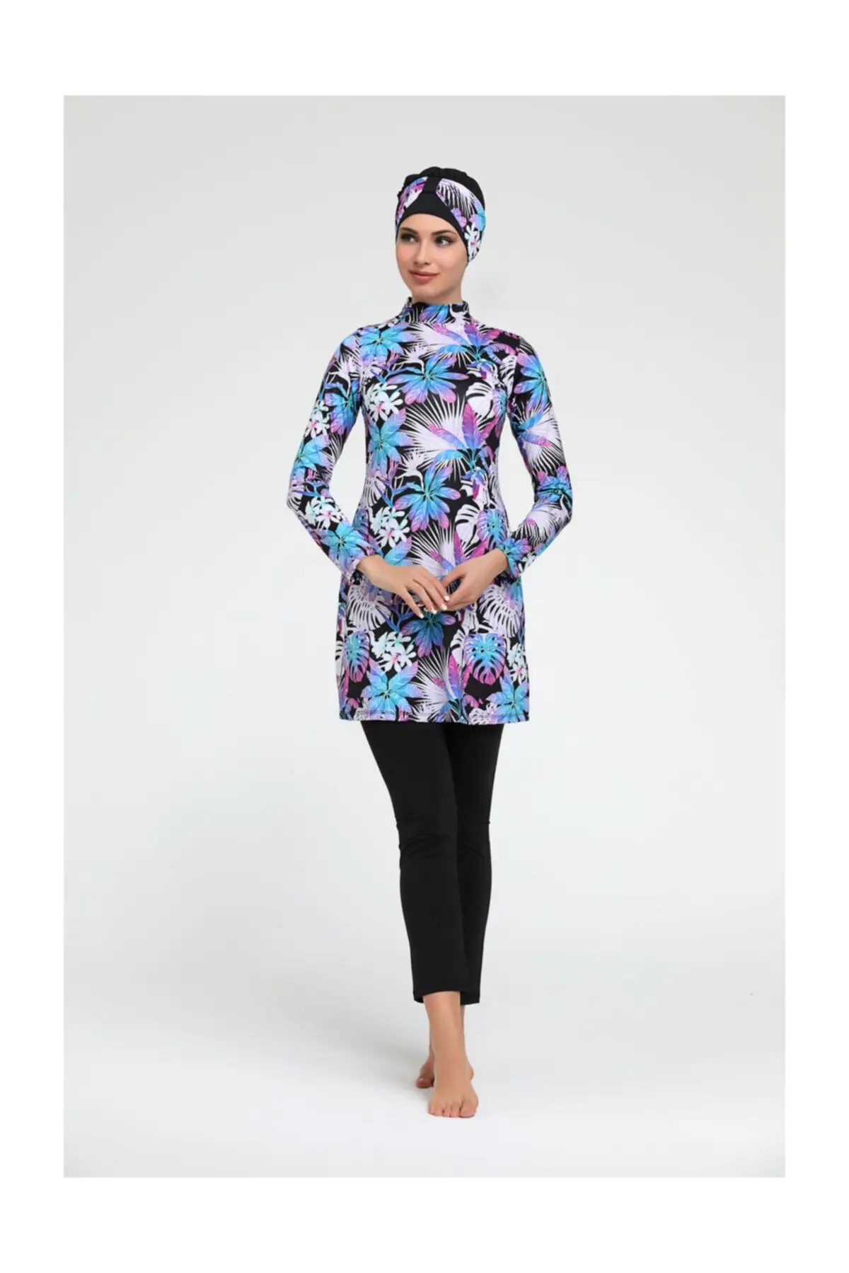

Muslim Burkinis Large Size Digital Long Sleeve Fully Covered Black Swimwear Modest Summer Clothing Hijab Sport Swimsuit