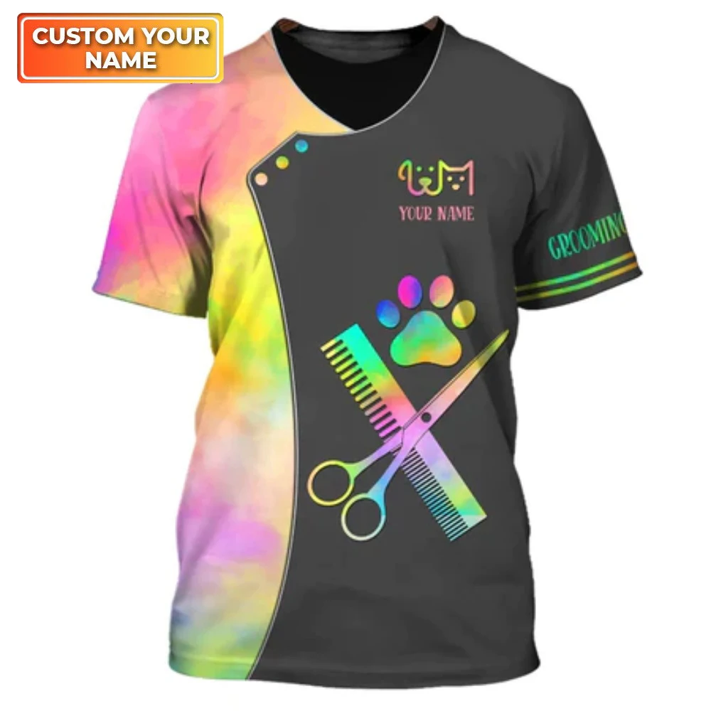 

2023 New Pet Groomer Customized Casual T Shirt O-neck Loose Unisex Uniform Pullover Short Sleeve Tops Personalized Plus Size Tee