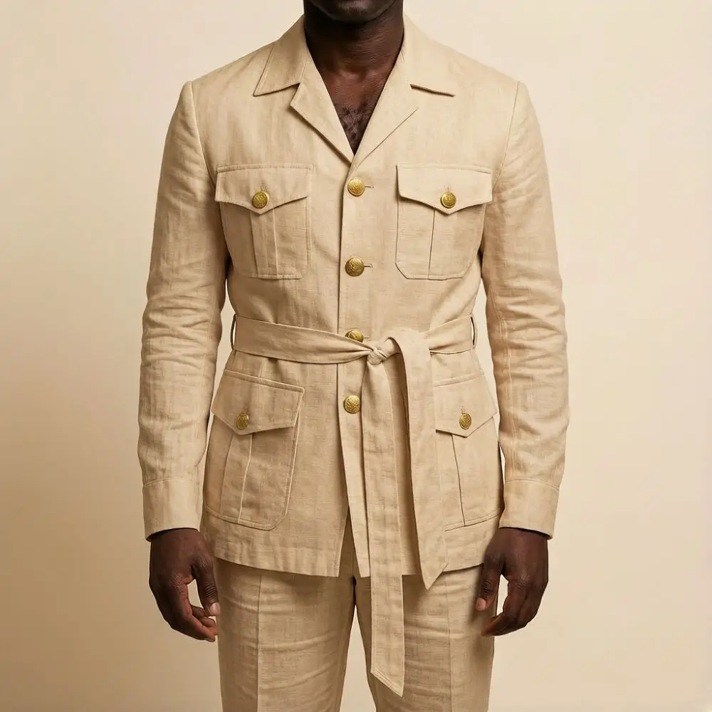 Фото Мужской льняной костюм-сафари Off-White из 2-х частей с отложным воротником, золотыми пуговицами, множеством карманов, с поясом, для выпускного вечера, пляжа, лета, свадьбы №5