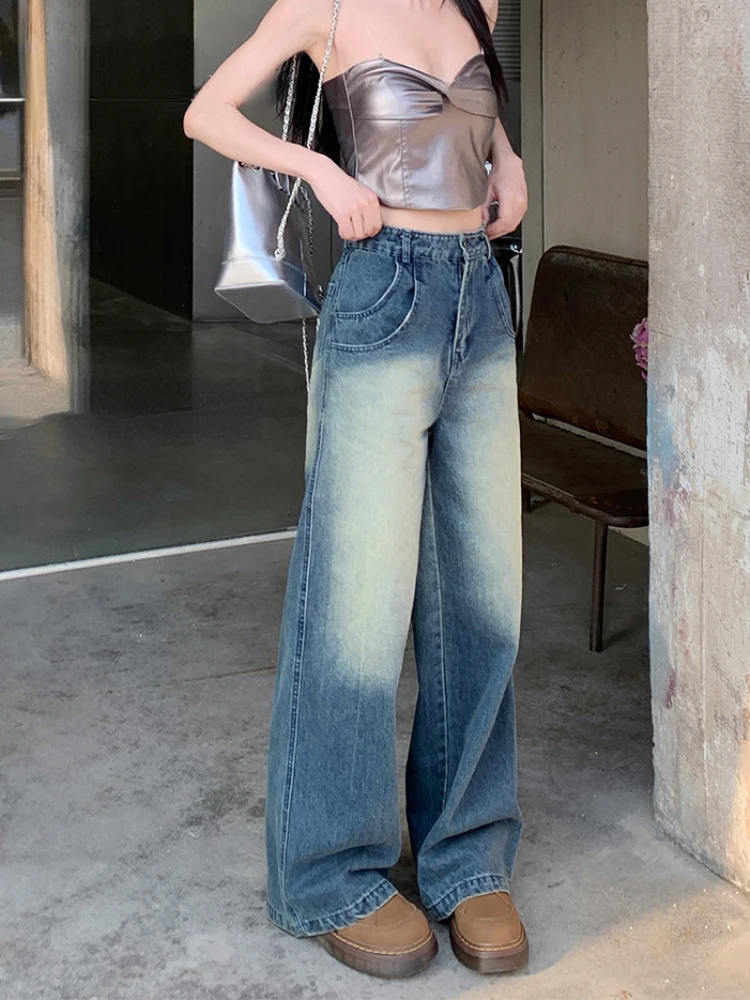 

Джинсы женские прямые с завышенной талией, базовые облегающие брюки с широкими штанинами, офисные модные шикарные брюки из денима в Корейск...