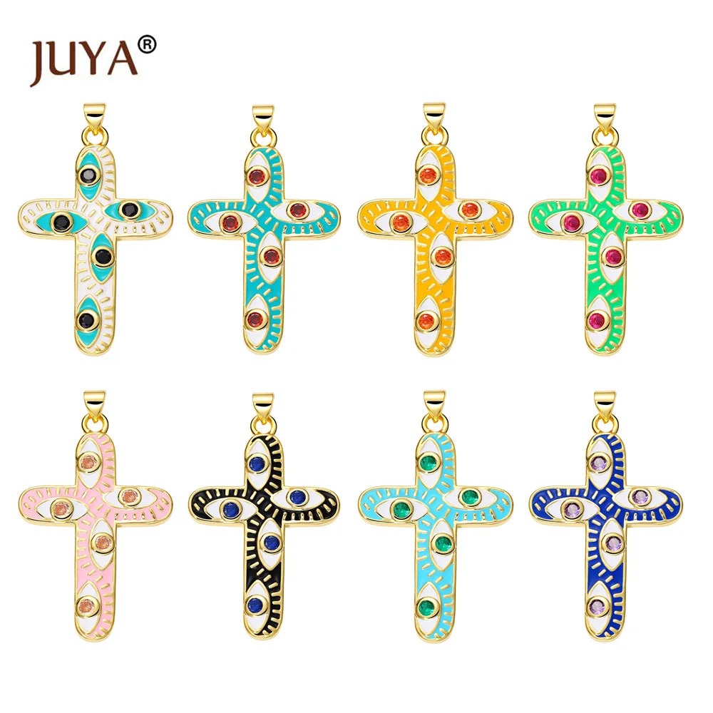 

Juya Enamel Color Cross Pendant Necklace Accessories Wholesale DIY Decoration 18K Gold-plated Christian Evil Eye Pendant Jewelry
