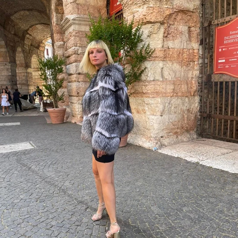 Natural Silver Fox Fur Jacket Women High Street Harajuku Outertwear Winter Thicken Warm Loose Real Sliver Fox Fur Coat Feamle
