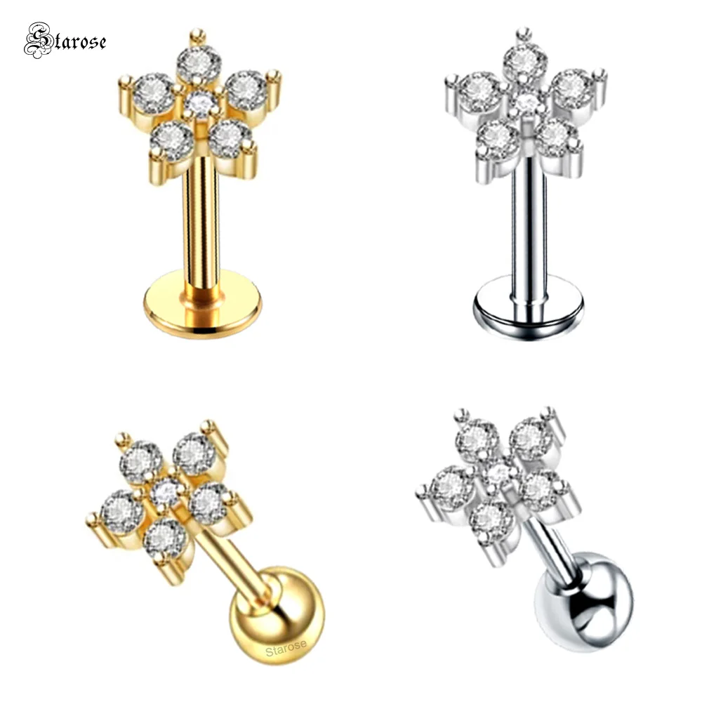 

2Pcs Zircon Crystal Daisy Cartilage Piercing Labret Bar Helix Pierc Nose Ring Tragus Earrings Conch Piercing Ear Stud Jewelry