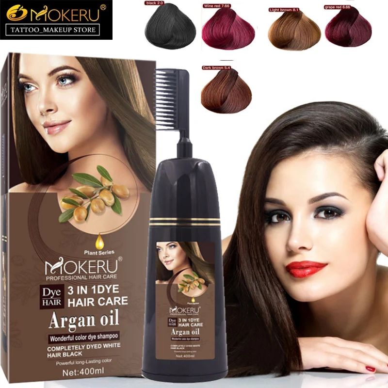 

MOKERU 400ml Natrual Long Lasting Argan Oil Extract Hair Dye Comb Permanent Hair Dye Shampoo For Covering Gray Dry Hair Dyeing